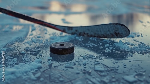 Hockey stick and puck on ice
