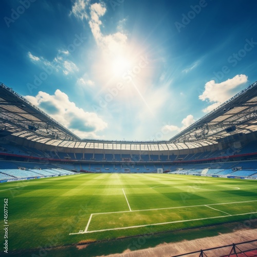 Empty football stadium with open roof and unoccupied stands on a bright and sunny day