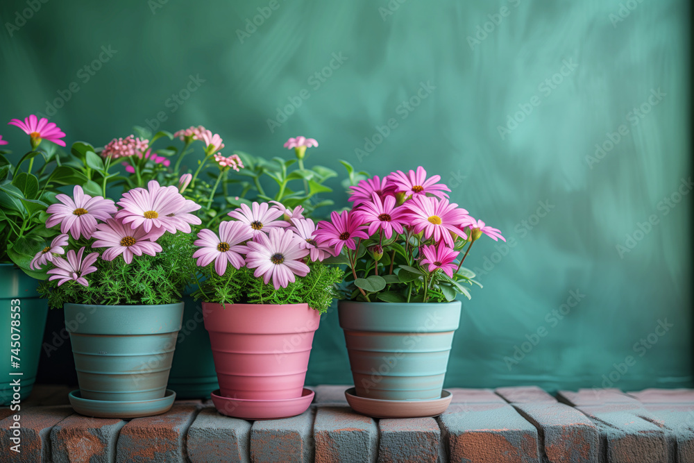 Osteospermum flowers in pots against a green wall background with copy space. Balcony landscaping. City garden.