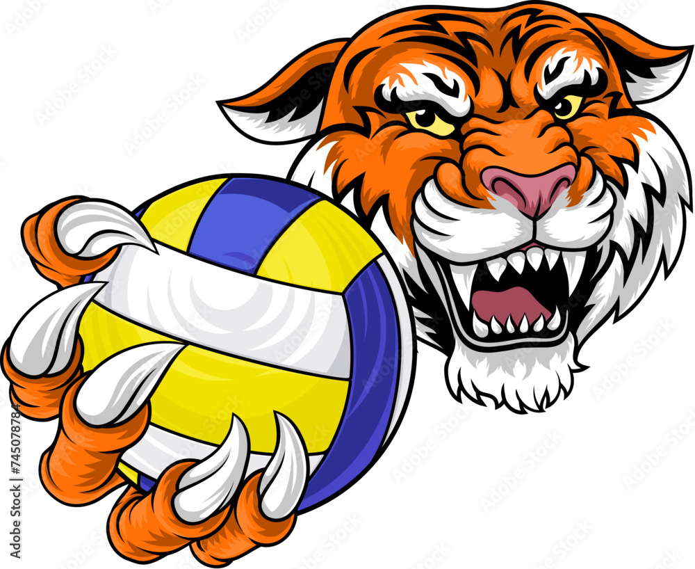 A tiger volleyball animal sports mascot holding a volley ball in his claw