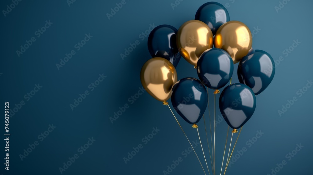 A lively celebration: gold and black helium balloons sparkle on a navy background. Suitable for birthdays, New Years, parties, weddings, Valentine's Day and celebration occasions. A lively celebration: gold and black helium balloons sparkle on a navy background. Suitable for birthdays, New Years, parties, weddings, Valentine's Day and celebration occasions.