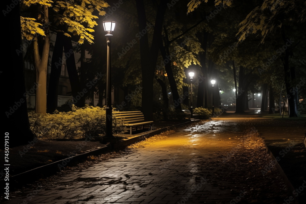 The teiled road in the night park after rain with lanterns in autumn. Benches in the park during the autumn season at night. Illumination of a park road with lanterns at night.