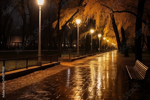 The teiled road in the night park after rain with lanterns in autumn. Benches in the park during the autumn season at night. Illumination of a park road with lanterns at night.