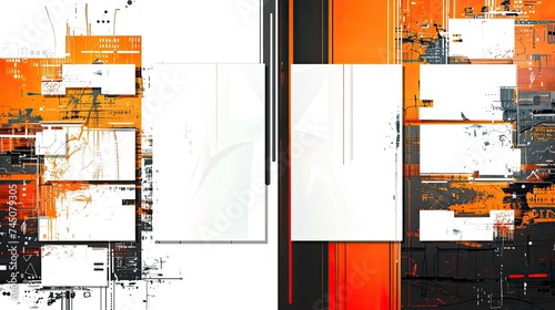 Four white squares of equal size arranged horizontally, with abstract cyber figures in the background. Color palette: orange, white, black, chrome. Bold outlines, maximum detail
