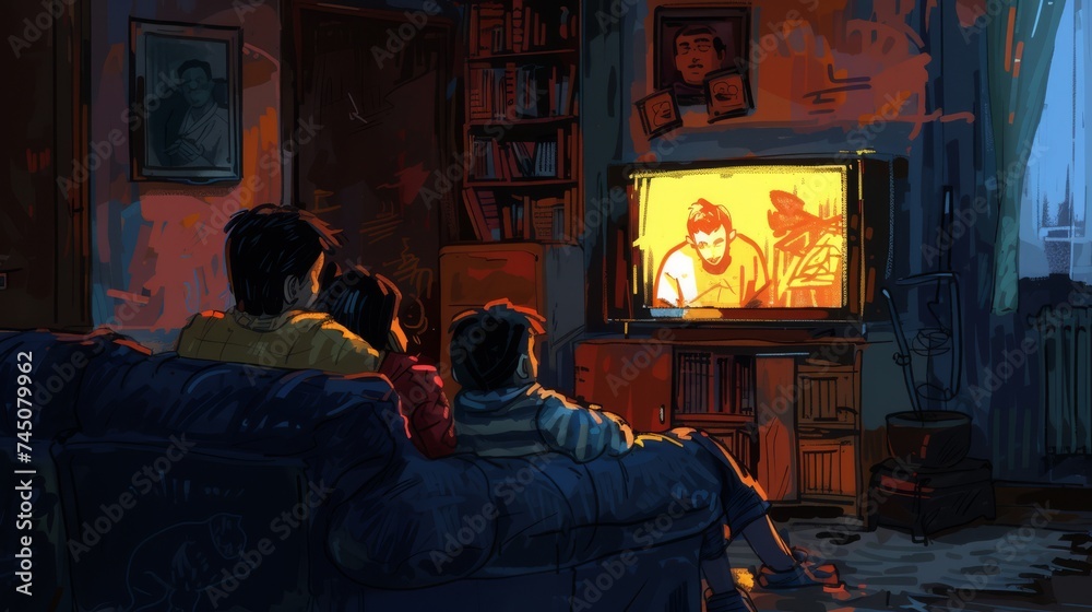 a happy familly watching tv