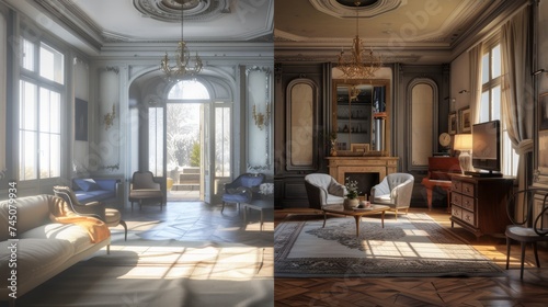 a two versions of an apartment before and after moving 