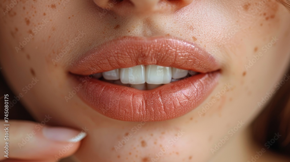 Naklejka premium Close Up of Womans Face With Freckles on Lips