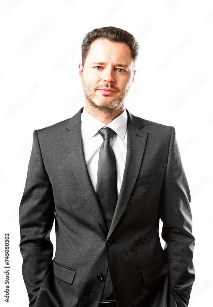 Businessman with a stern expression, grey suit, standing firm, isolated on white background. Serious business concept Businessman with a stern expression, grey suit, standing firm, isolated on white background. Serious business concept