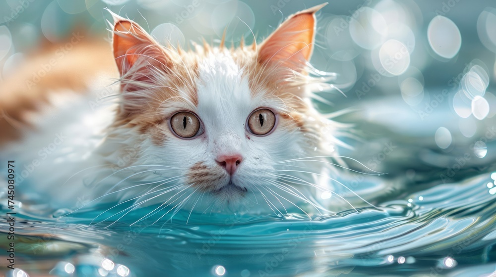 Orange and White Cat with Wide Eyes Wading in Water