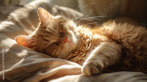 Serene Cat Napping in Warm Sunlight on Cozy Bed
