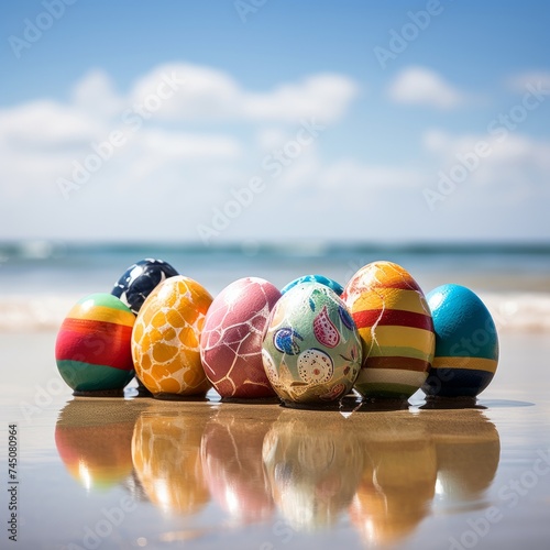 beach with colorful easter eggs during a easter vacation at the beach