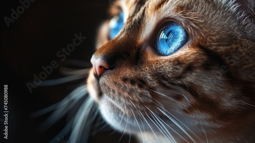 Close-up of Domestic Cat with Striking Blue Eyes in Low Light