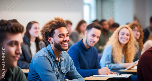 A diverse group students in a classroom setting, all appearing engaged and happy. A young man with a bright smile and curly hair is in focus, indicative of a positive learning environment.  photo