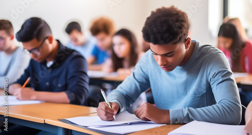 In the Classroom Multi Ethnic Students Listening to a Lecturer and Writing in Notebooks. Smart Young People Study at the College.