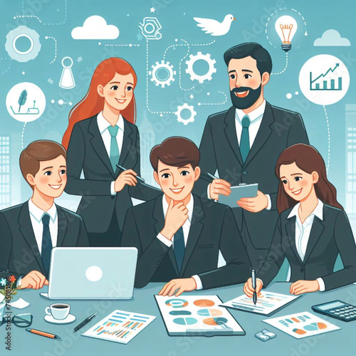 Smiling business team working on a new project, vector illustration