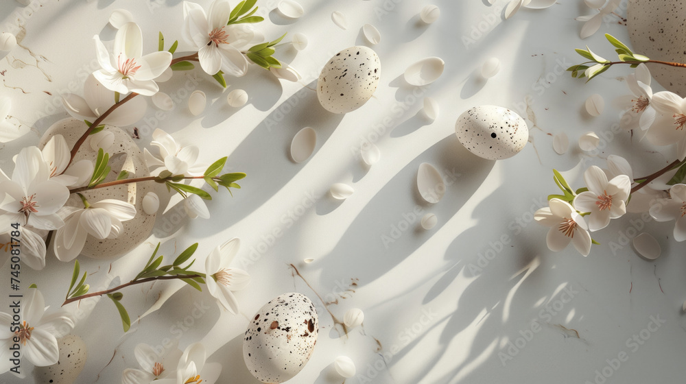 Easter composition with spring flowers and quail eggs on white background top view 