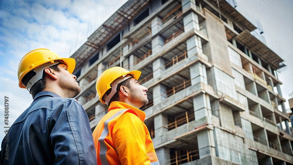 Construction workers wearing safety gear looking up at building under construction
