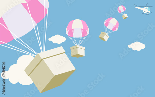 Box falling with parachute. Airdrop concept design, box fall from the helicopter.  