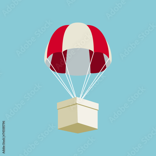 Box falling with parachute.Airdrop concept design, box fall from the sky. 