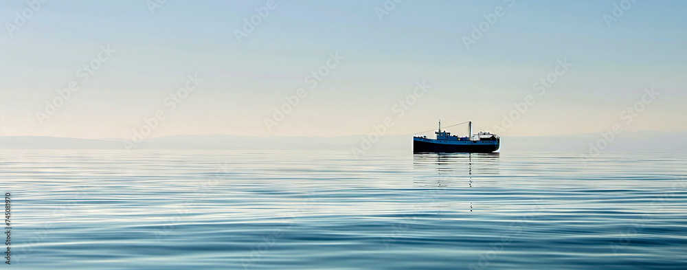 Serene seascape with cargo ship at dawn - obrazy, fototapety, plakaty 