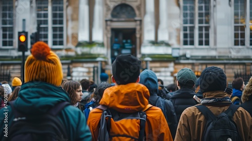 Urban exploration in winter. people facing historic building, waiting at traffic light. candid shot of city life. outdoor travel photography. casual streetwear style. AI