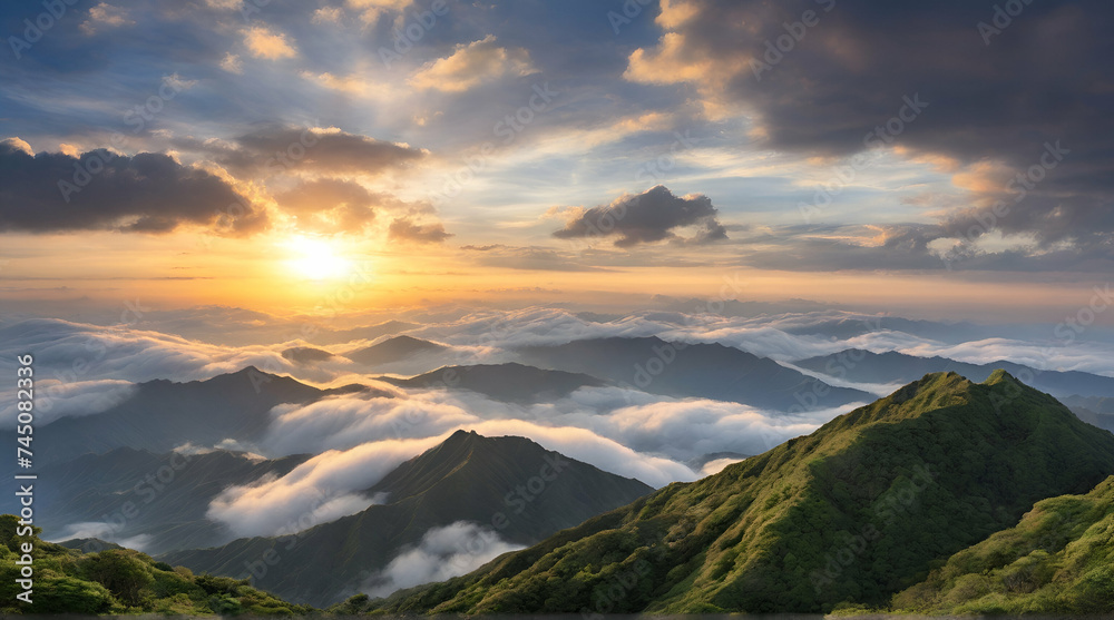 A breathtaking landscape in Taiwan. This was taken on top of a mountain. The clouds formation is vast and dramatic. The sun rises above the thick clouds. Generative.ai