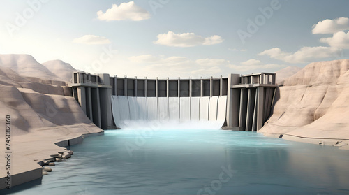 3d minimalist Hydroelectric dam on the river with copy space. generative.ai