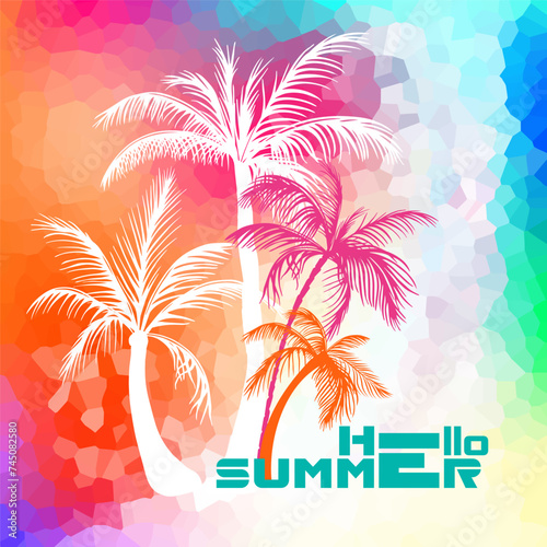 Palm trees abstract background. Hello summer camp poster. hand drawing. Not AI. Vector illustration