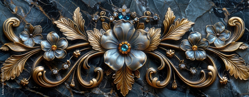 Baroque Style Ornate Floral Golden Decoration on Marble. Baroque Style Ornate Floral Golden Decoration on Marble.