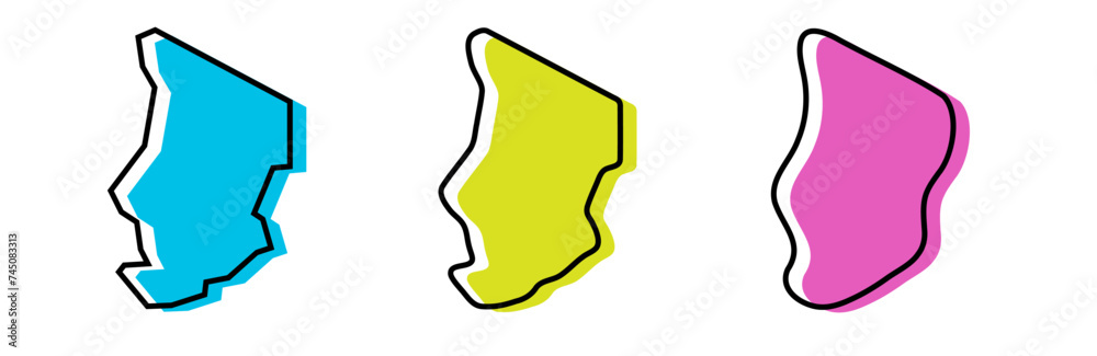 Chad country black outline and colored country silhouettes in three different levels of smoothness. Simplified maps. Vector icons isolated on white background. Chad country black outline and colored country silhouettes in three different levels of smoothness. Simplified maps. Vector icons isolated on white background.