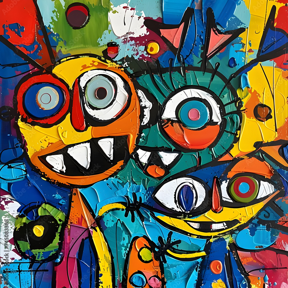 Playful Child-Like Figures in a Chaotic, Colorful Painting: Embodying Innocence and Spontaneity in Art - A Vibrant Depiction of Youthful Energy and the Joyful Unpredictability of Childhood Playful Child-Like Figures in a Chaotic, Colorful Painting: Embodying Innocence and Spontaneity in Art - A Vibrant Depiction of Youthful Energy and the Joyful Unpredictability of Childhood