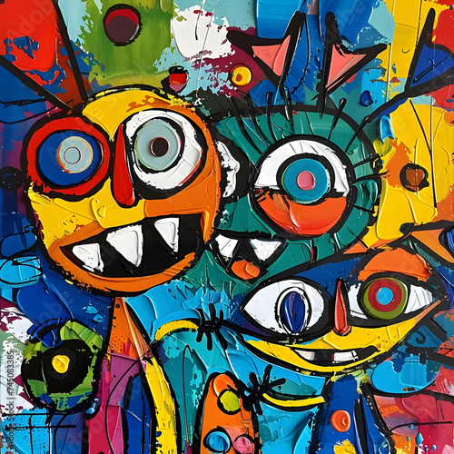 Playful Child-Like Figures in a Chaotic, Colorful Painting: Embodying Innocence and Spontaneity in Art - A Vibrant Depiction of Youthful Energy and the Joyful Unpredictability of Childhood