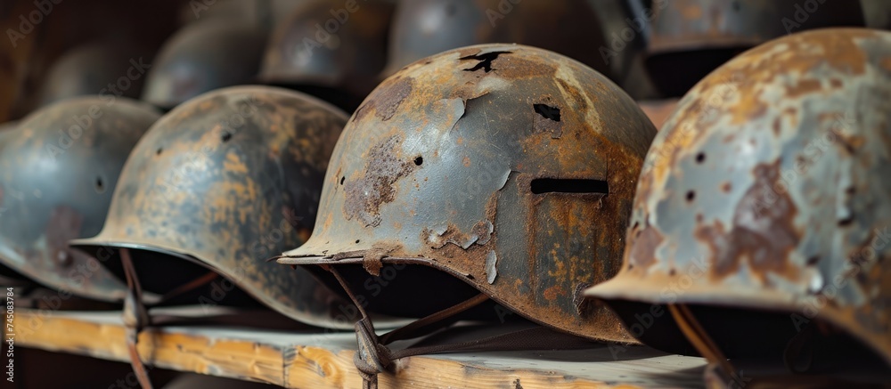 A row of old, broken, and rusty German helmets from World War II is displayed on top of a wooden shelf. These helmets were worn by soldiers in the Nazi army and the Wehrmacht.