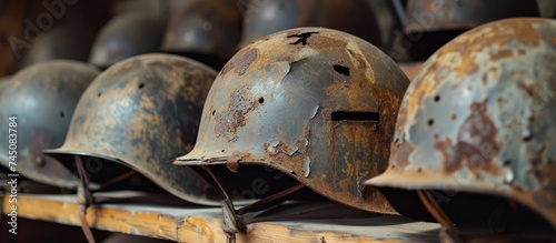 Obraz na płótnie A row of old, broken, and rusty German helmets from World War II is displayed on top of a wooden shelf. These helmets were worn by soldiers in the Nazi army and the Wehrmacht. w salonie