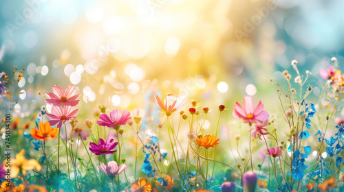 A vibrant meadow of colorful flowers bathed in golden sunlight with a soft bokeh background.