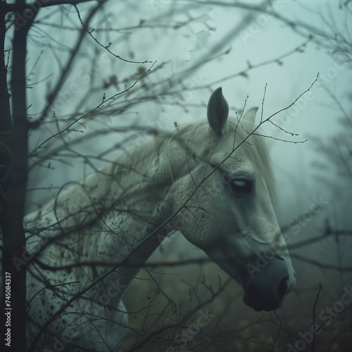 white horse on a foggy morning