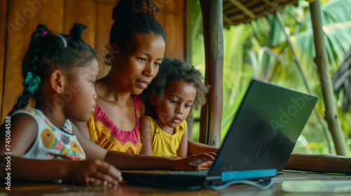 Mother teaching children learning computer laptop photo