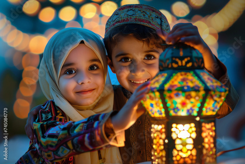 A joyful young girl and boy are playing with a Ramadan lantern. photo