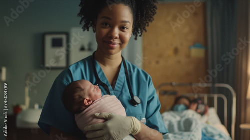 Pediatrician nurse holding newborn baby