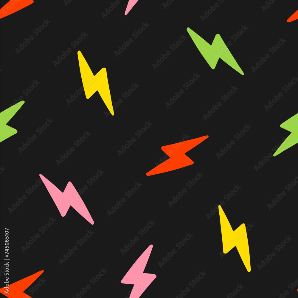 Black seamless pattern with colorful lightning bolt Black seamless pattern with colorful lightning bolt