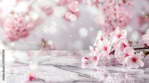 Marble stone table top with Sakura on blur bokeh background. For display or montage you products. Blank space for beauty product display
