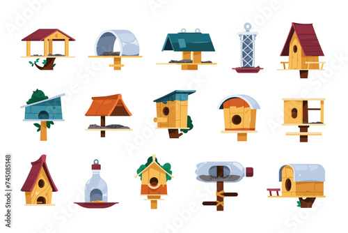 Bird feeder. Cartoon homemade wooden birdhouses, colorful DIY feaders for home decoration, springtime nature nest for chicks. Vector set photo