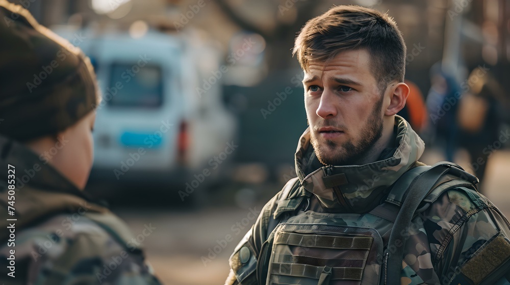 Soldier in conversation during an urban military operation. reflective moment captured, showing the human side of service. everyday heroism on display. AI