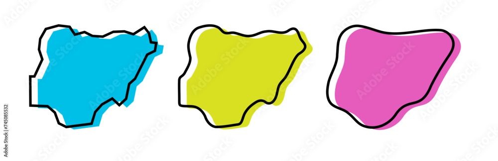 Nigeria country black outline and colored country silhouettes in three different levels of smoothness. Simplified maps. Vector icons isolated on white background.