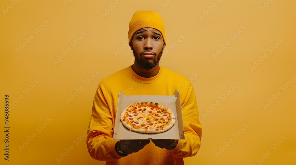 Man in yellow presenting a delicious pizza on a vibrant background. casual clothing, modern lifestyle. perfect for food marketing. AI Man in yellow presenting a delicious pizza on a vibrant background. casual clothing, modern lifestyle. perfect for food marketing. AI