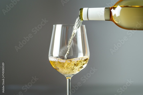White wine. A wine glass next to a bottle of wine. Blanc. Vintage. Wine goblet. Stem glass. Still wine. Ad campaign for a winemaker of vin blanc. Pouring wine. Beverage. Wine bottle. Drink. Alcohol photo