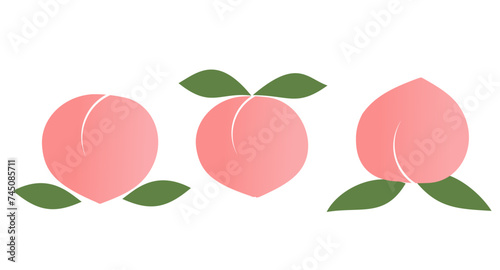 Pink peach with green leaf icon sign isolated on white background vector.