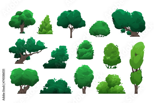 Cartoon trees and bushes. Green shrubs and deciduous trees for park landscaping, plant topiary with foliage. Vector isolated set © Tartila