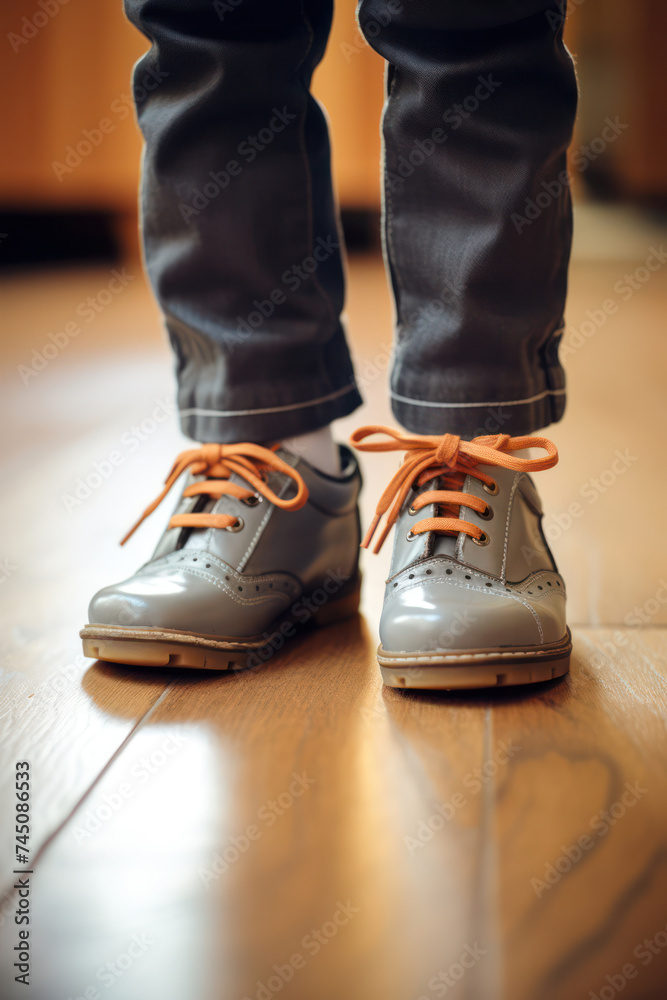 Modern Style, Retro Vibes: One Person Standing on Wooden Floor with Brown Leather Sneakers Modern Style, Retro Vibes: One Person Standing on Wooden Floor with Brown Leather Sneakers
