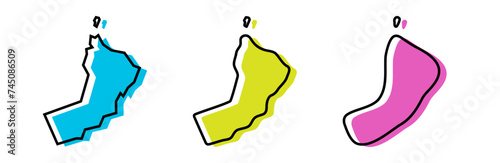 Oman country black outline and colored country silhouettes in three different levels of smoothness. Simplified maps. Vector icons isolated on white background.